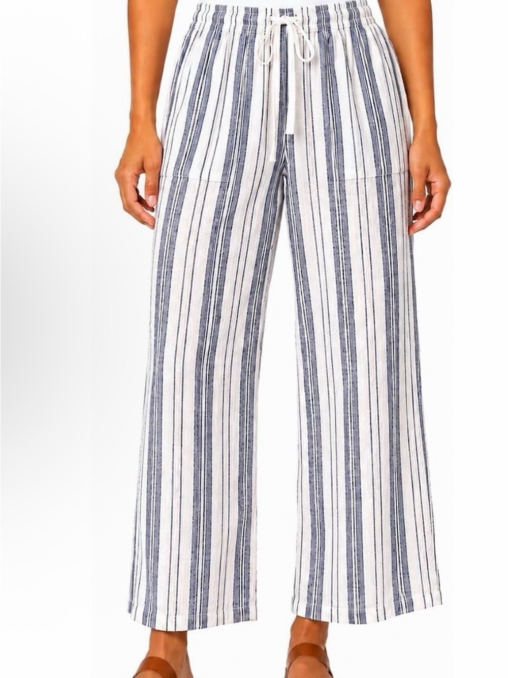 ROXY Striped Wide-Leg Drawstring Pants - Navy/White